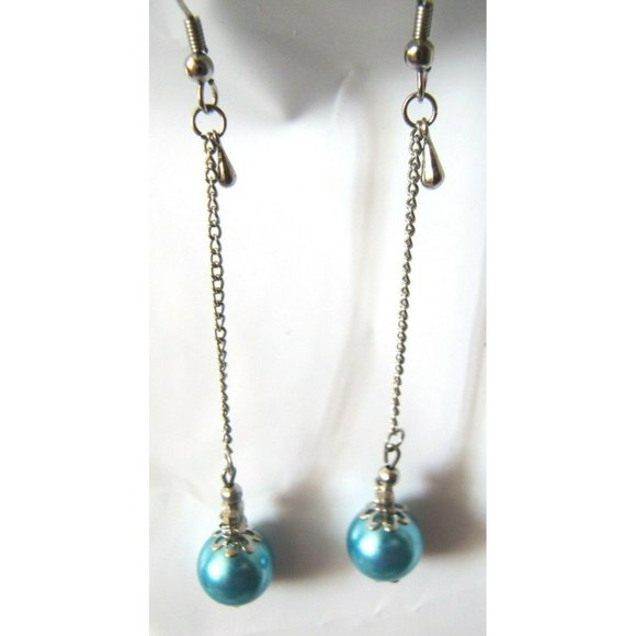Silver and Frosted Blue Bead Dangle Fashion Earrings CA131 - Picture 7 of 7
